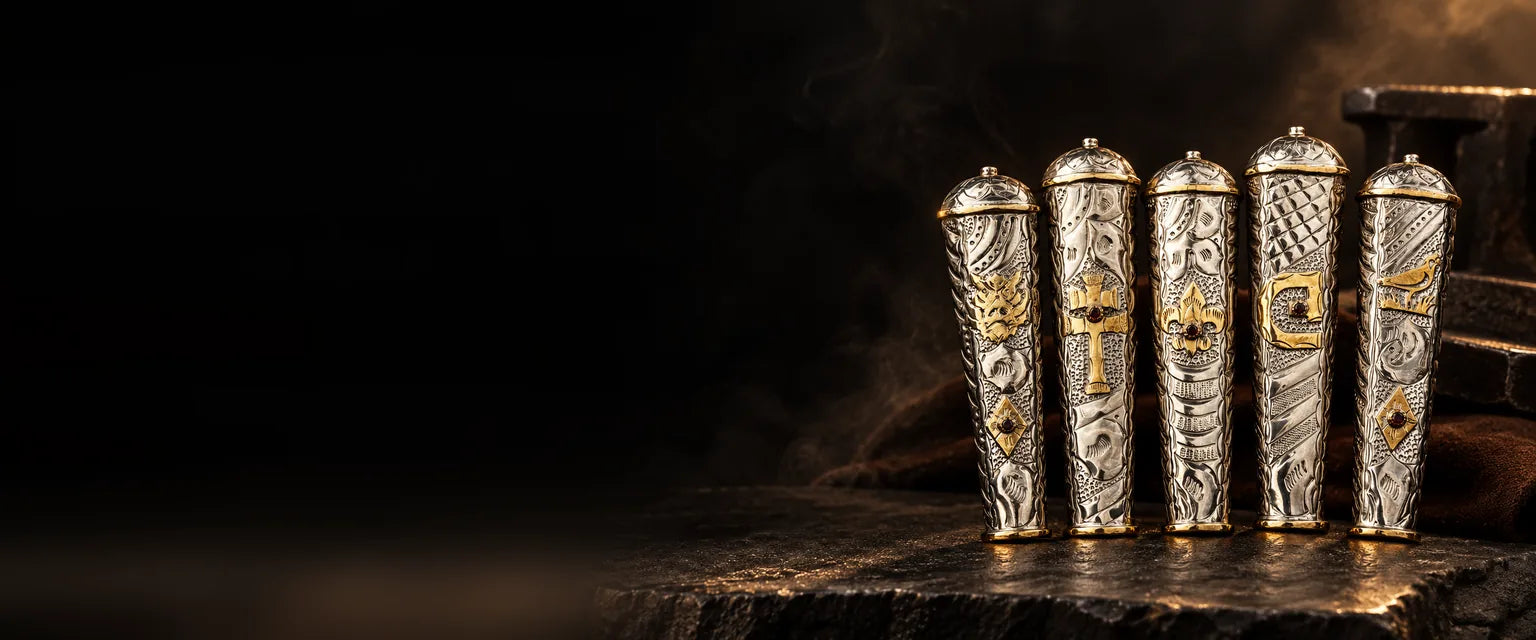 Cinco cabos de metal cinzelado prateado com relevos dourados de cruz e flor-de-lis